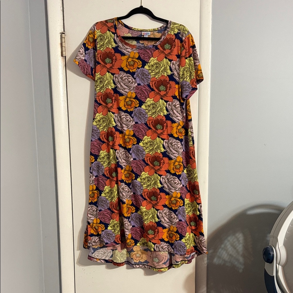 LuLaRoe Vibrant Floral Midi Dress in Orange, Purple, and Green